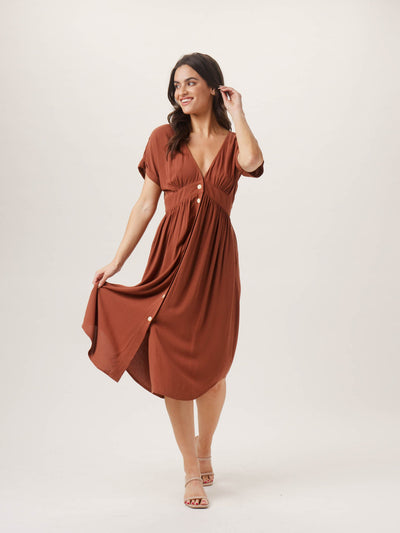 Deep V Button Thru Dress in Clay On Model from Front