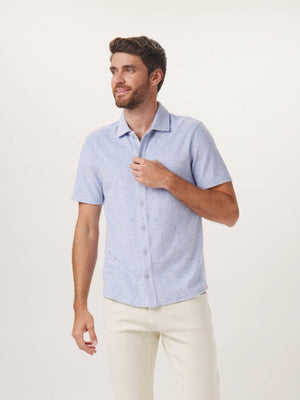 Towel Terry Button Down in Sky Blue On Model from Front