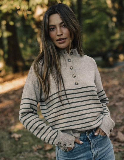 Marianna Button Popover Sweater in Oat/Olive Stripe