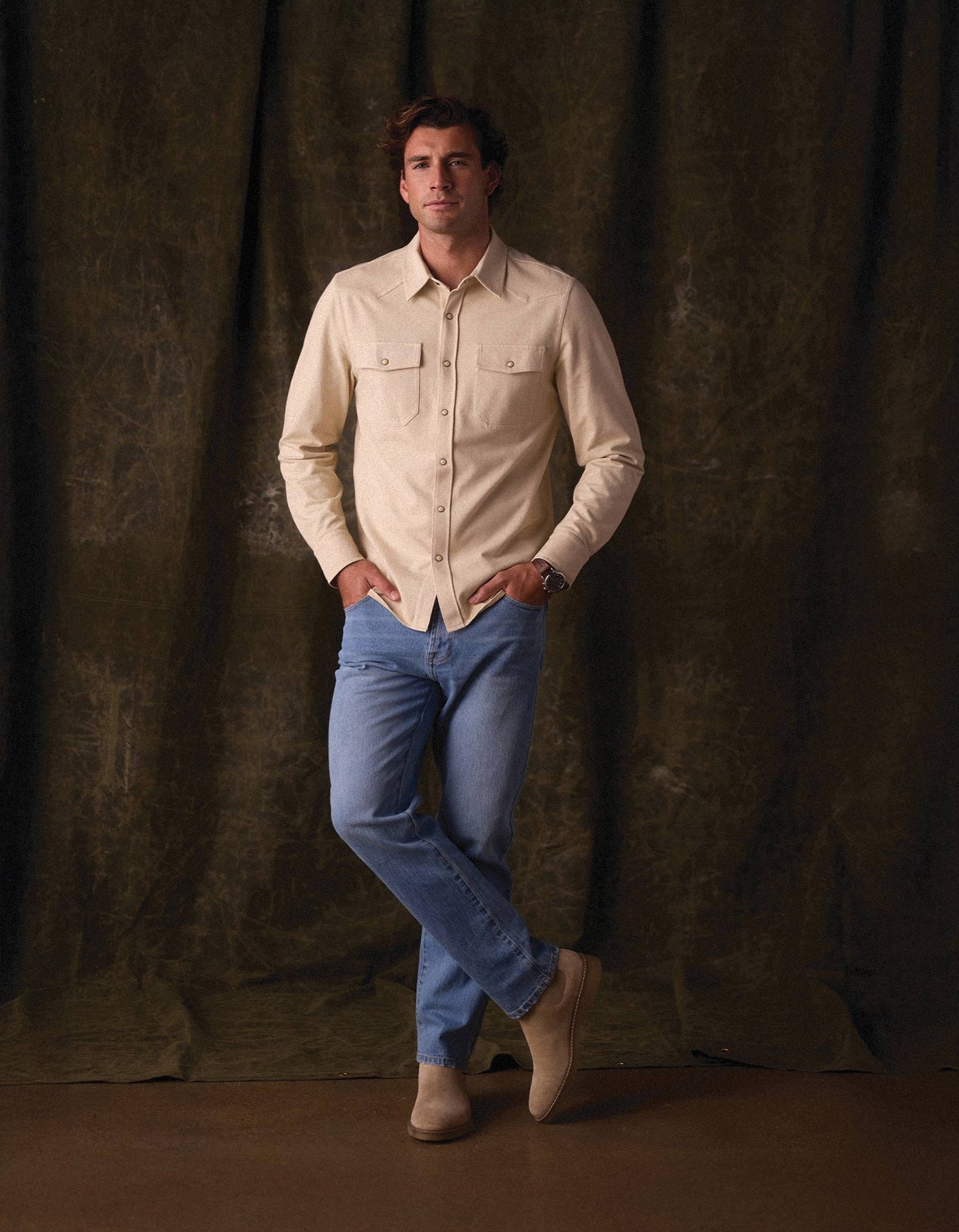 Tentoma Stretch Vintage Button Up in Bone