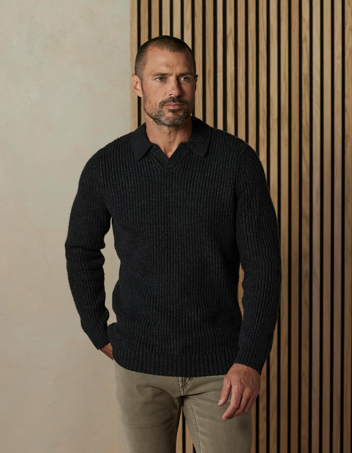 Marled Polo Sweater in Charcoal