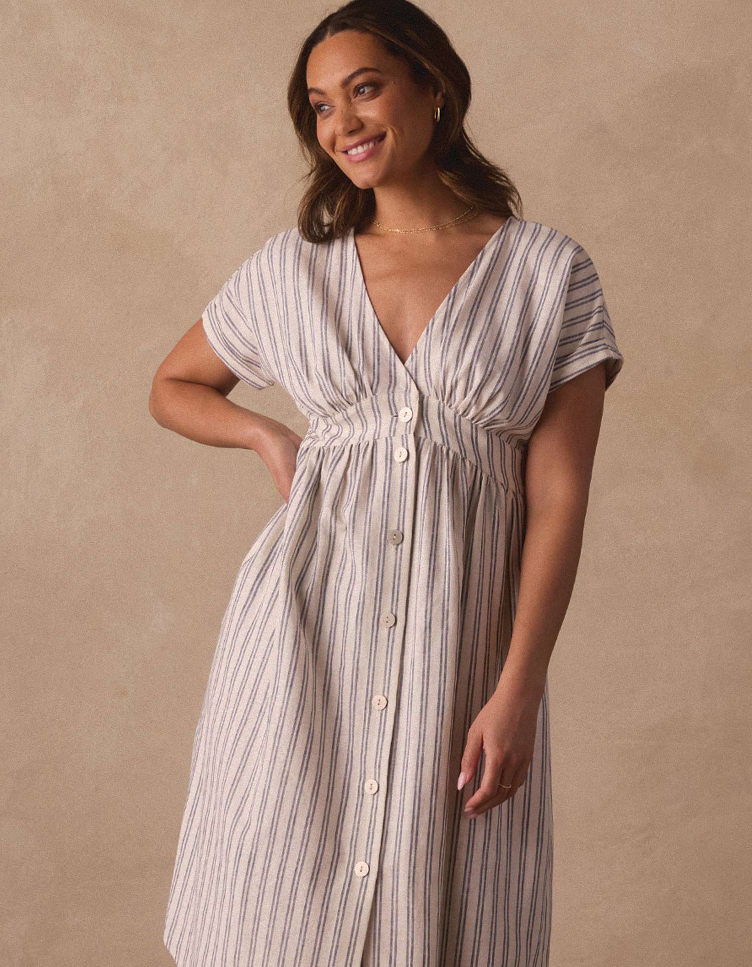 Freshwater Deep V Button Thru Dress in Vintage Blue Stripe L