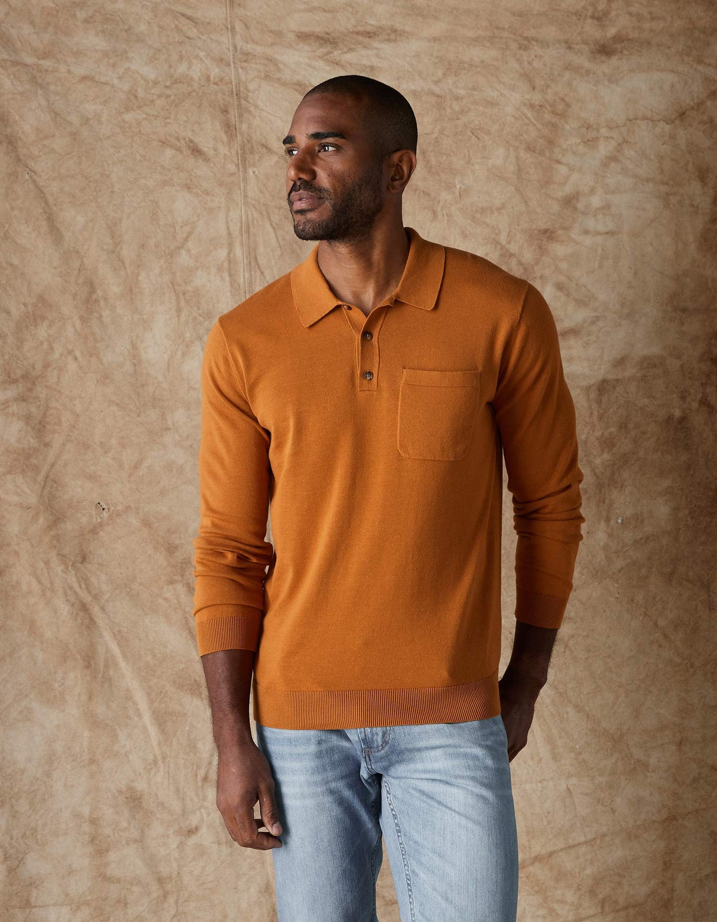 Robles Knit Long Sleeve Polo in Almond