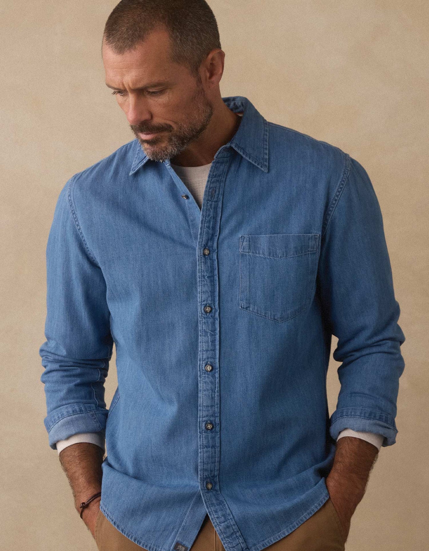 Cotton Denim Long Sleeve Button Up in Medium Wash