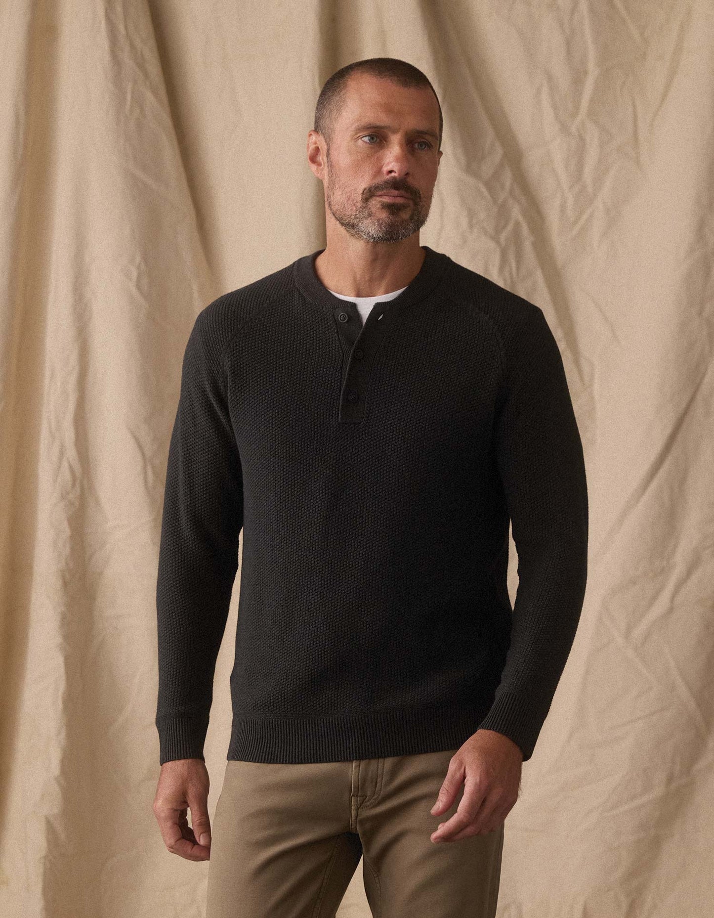 COOLMAX® Textured Sweater Henley in Charcoal