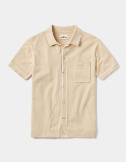 Robles Knit Button Down in Tan-Cream Laydown