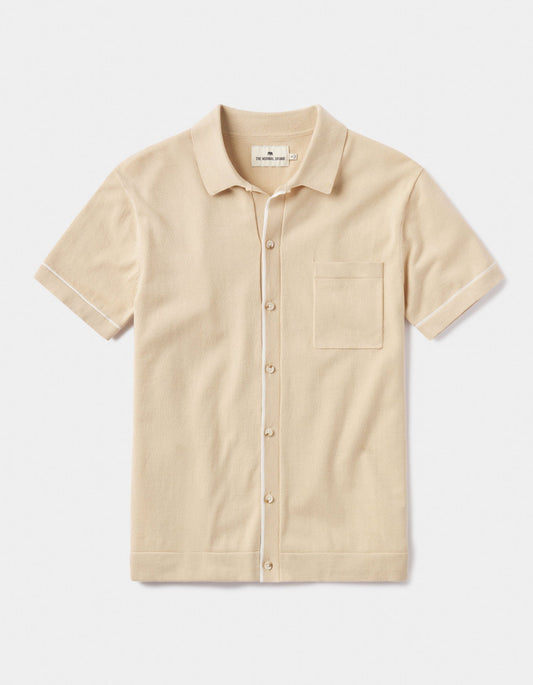 Robles Knit Button Down in Tan-Cream Laydown