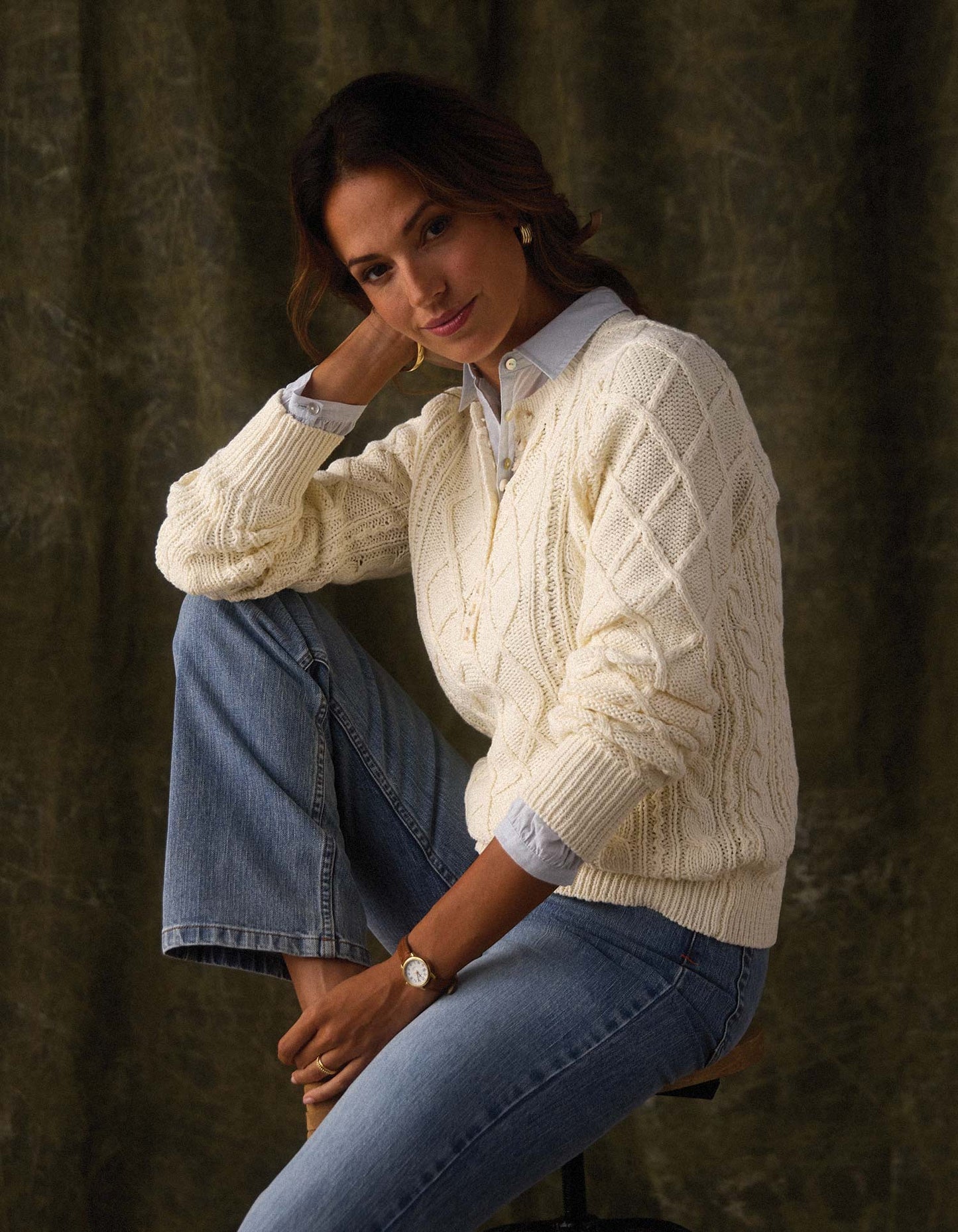 Josefine Cableknit Henley in Cream