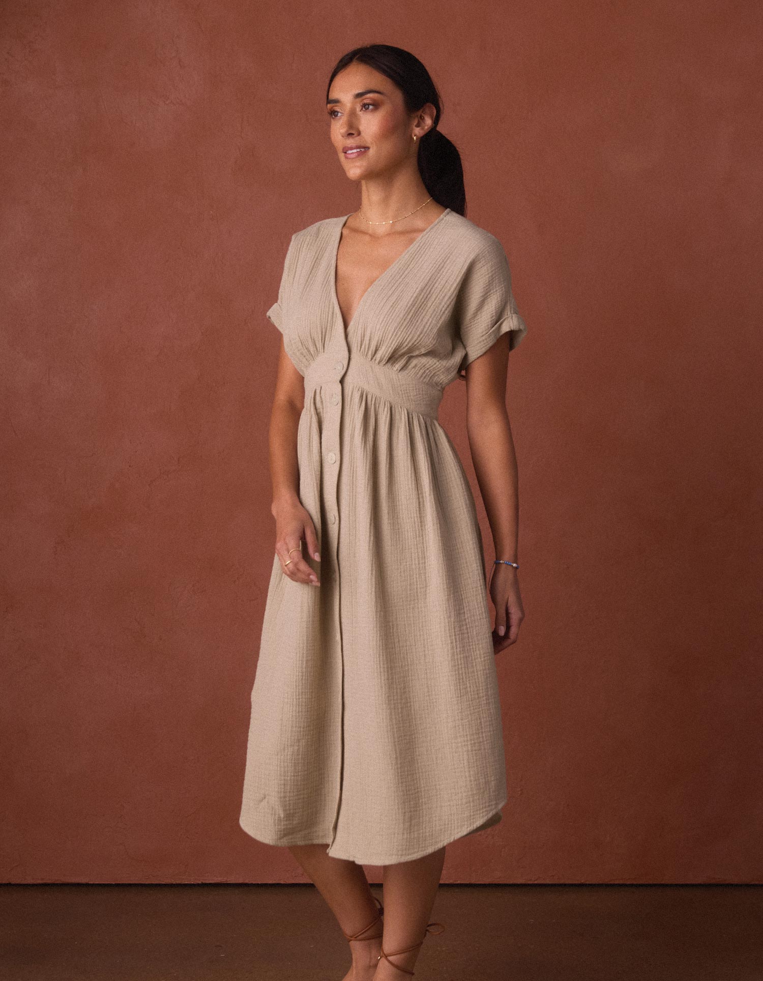 gauze cotton dress Kalo Gauze Deep V Button Thru Dress in Pumice – The Normal Brand