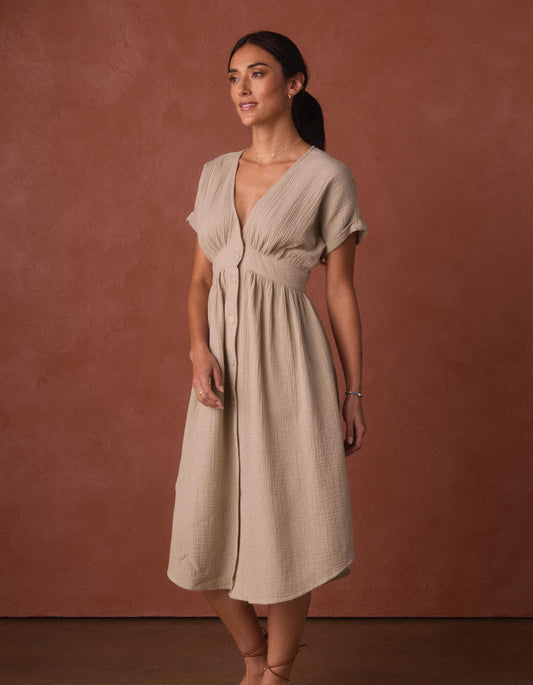 Kalo Gauze Deep V Button Thru Dress in Pumice