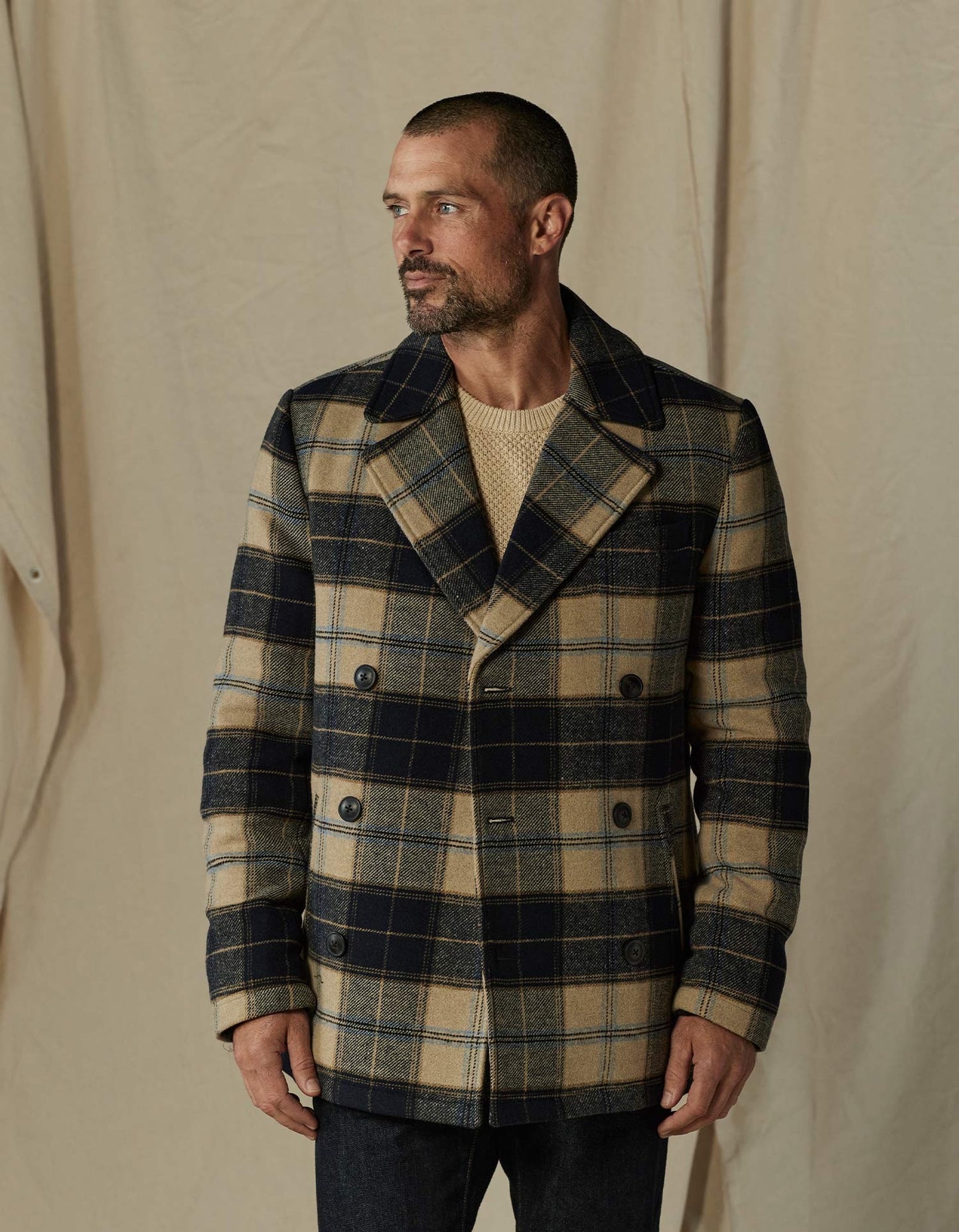 Lan Jacket in Navy Windowpane Plaid