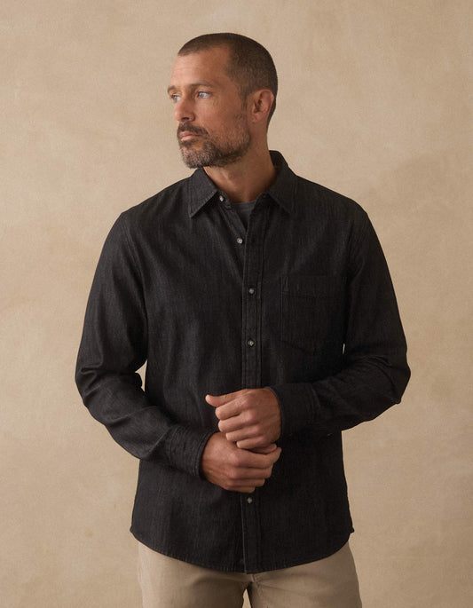 Cotton Denim Long Sleeve Button Up in Washed Black