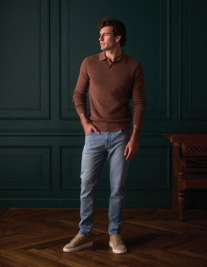 Robles Knit Waffle Stitch Polo in Heather Brown