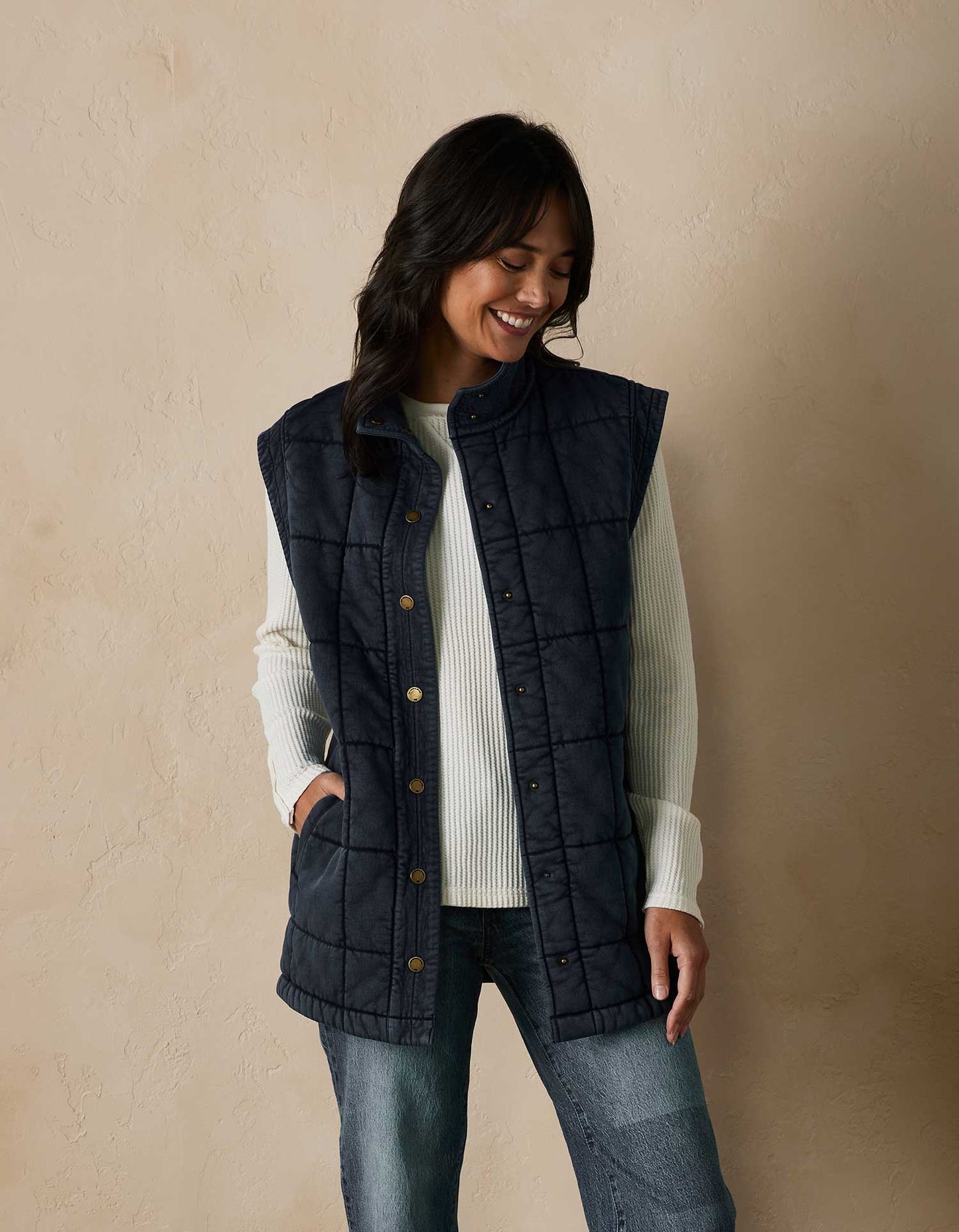 Jackie Premium Fleece Quilted Vest in Dark Indigo