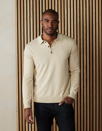 Robles Knit Long Sleeve Polo in Oatmeal