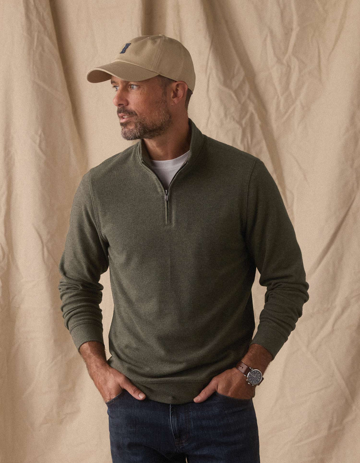 Brushed Textured Knit Quarterzip in Dark Forest
