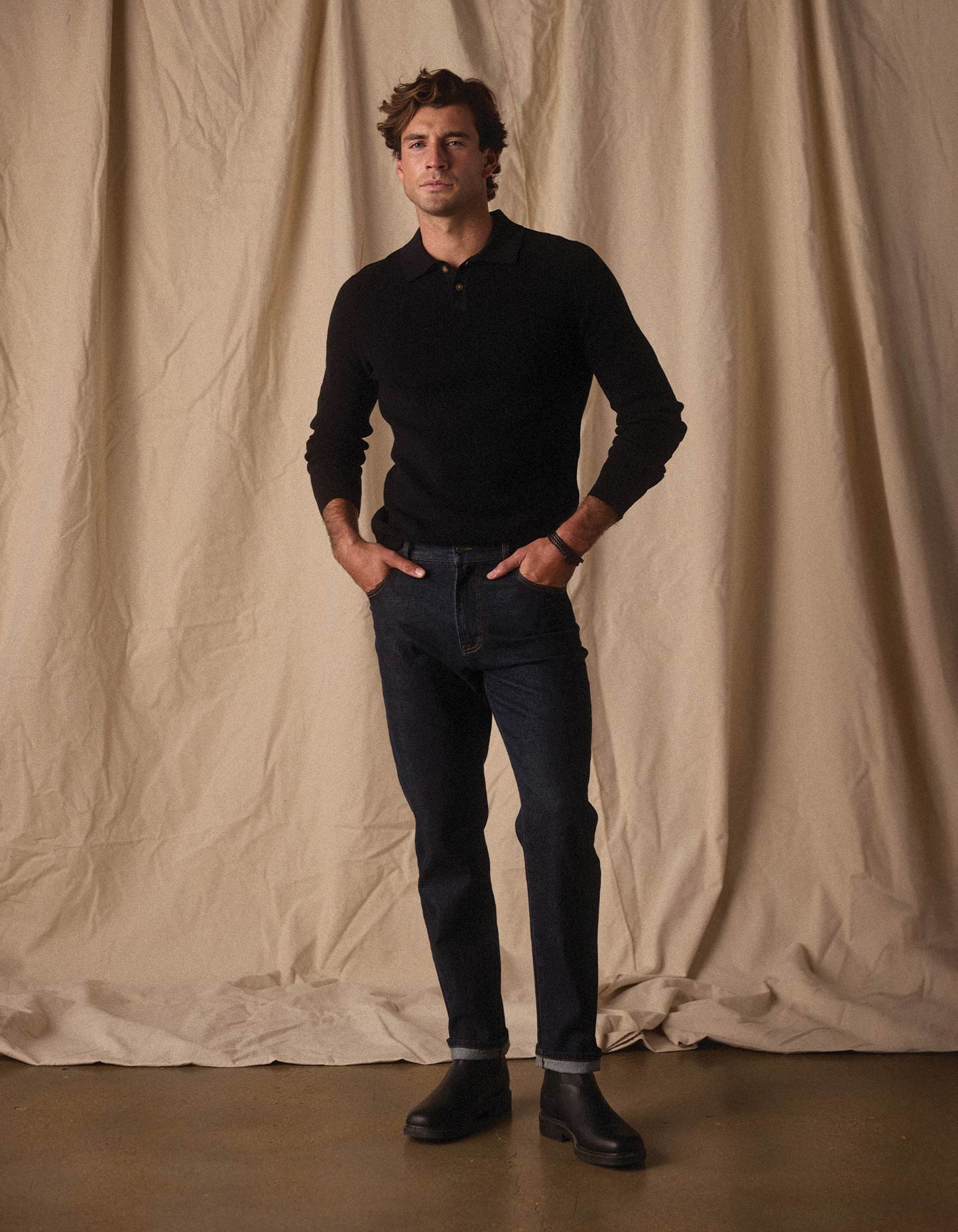 Robles Knit Waffle Stitch Polo in Black