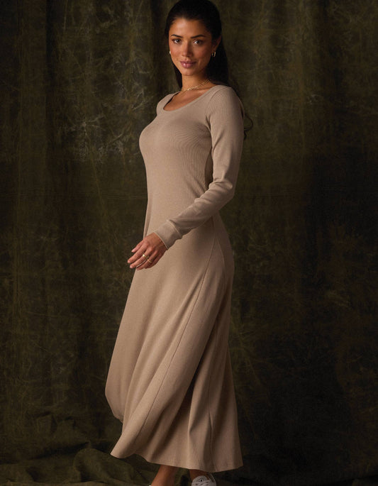Normal Rib Long Sleeve Dress in Fawn