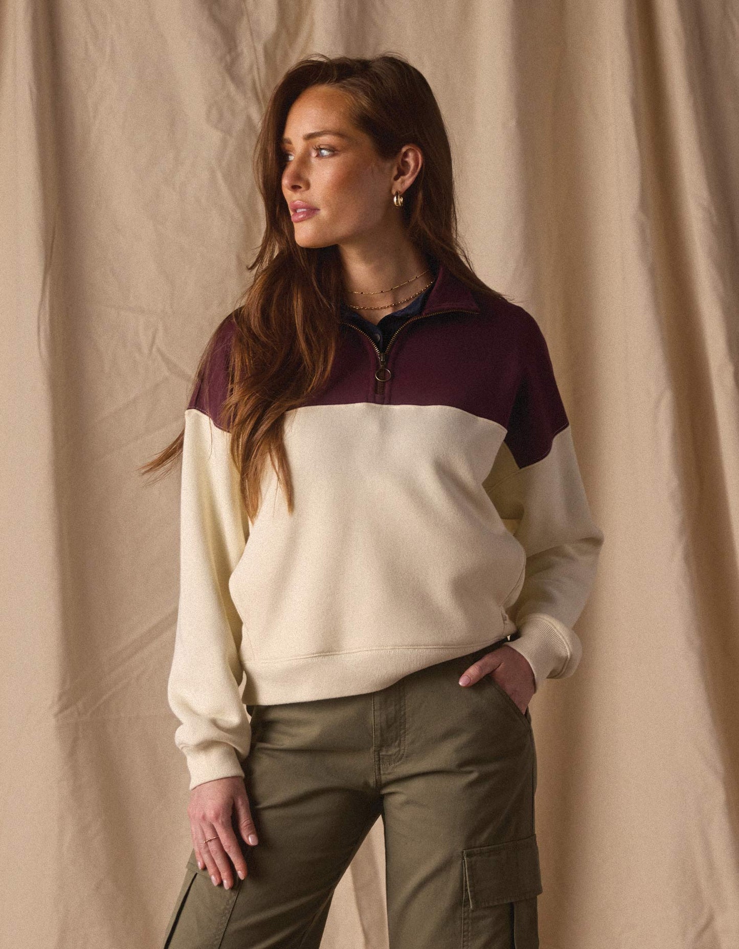 Normal Fleece Retro Quarterzip in Ivory/Port Wine