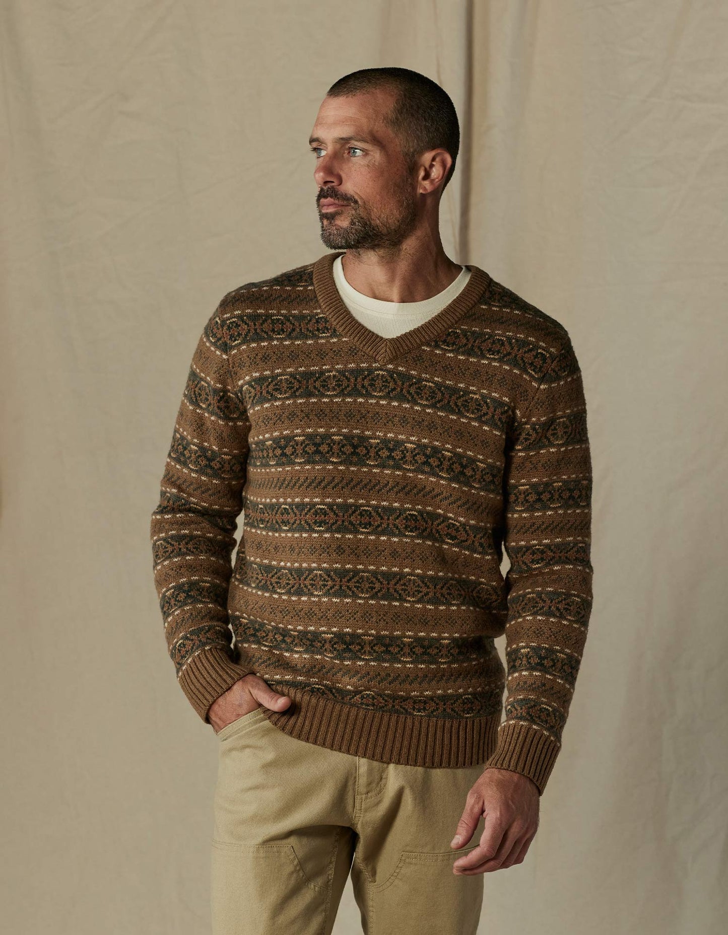 Fair Isle V-Neck Sweater in Teak Multi