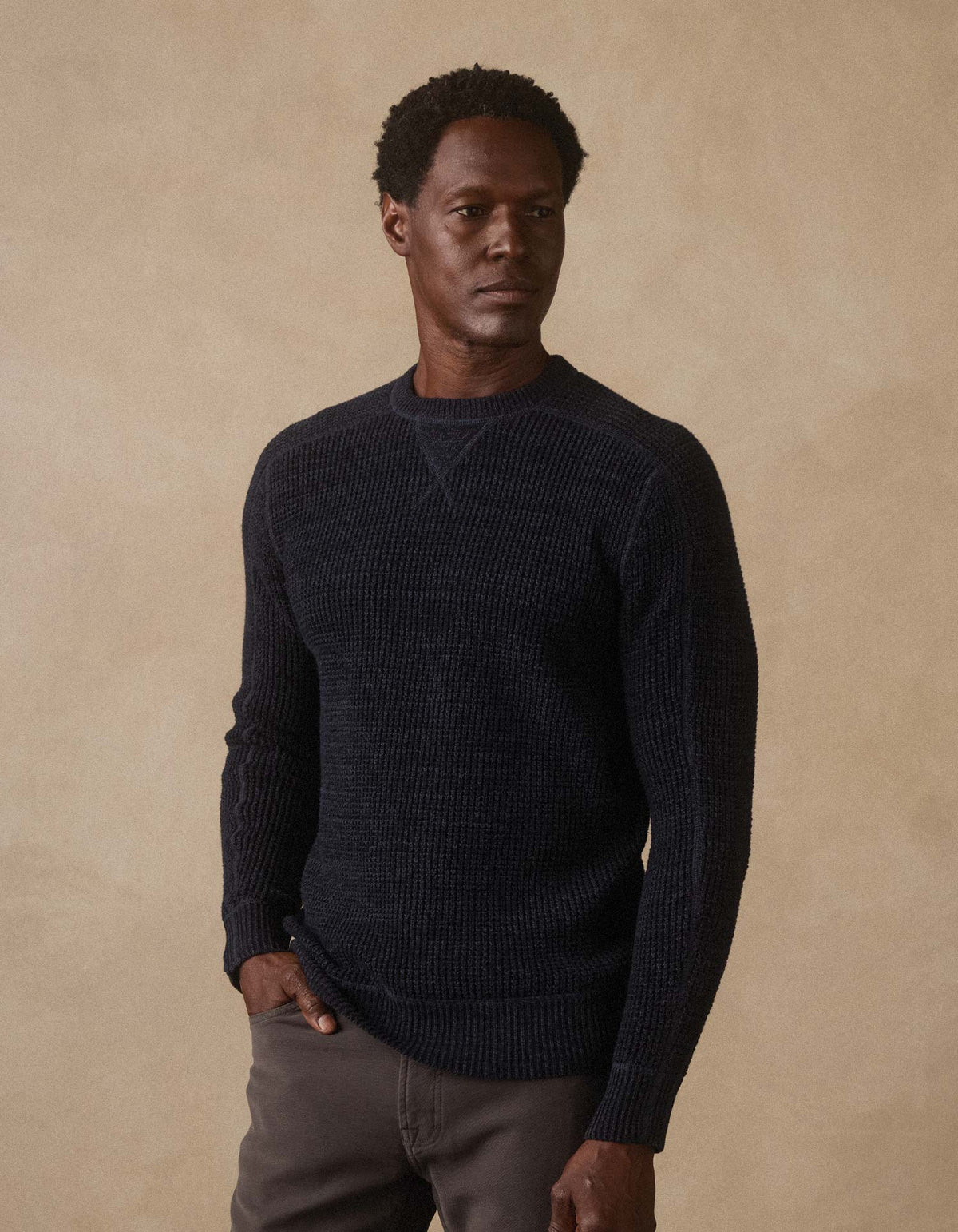Waffle Crewneck Sweater in Dark Navy Marled