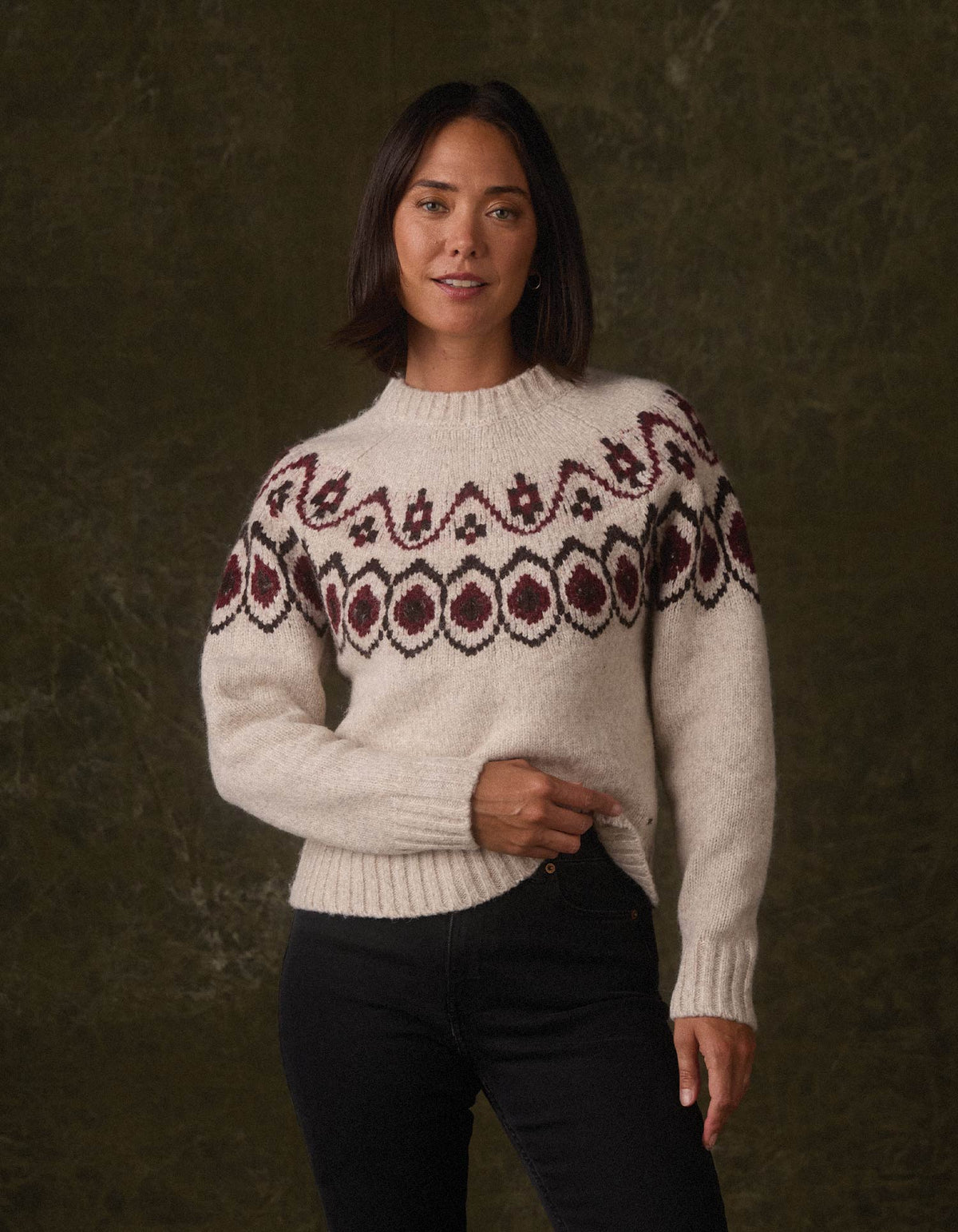 Astrid Fair Isle Sweater in Port Wine Multi — front view on model