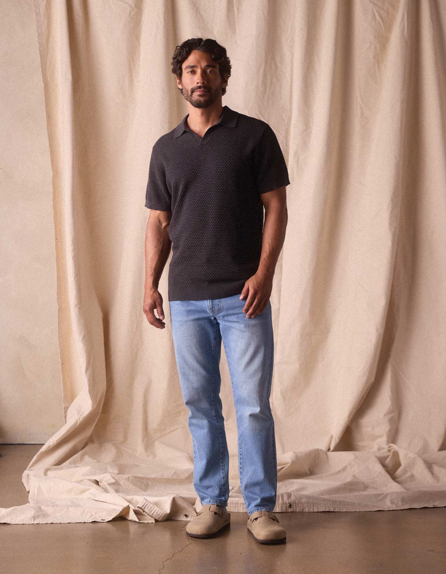 Robles Knit Jacquard Polo in Charcoal