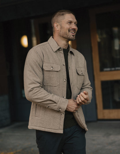 Herringbone Sherpa Lined Jacket in Taupe Herringbone