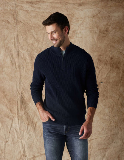 Waffle Knit Quarter Zip Pullover in Navy