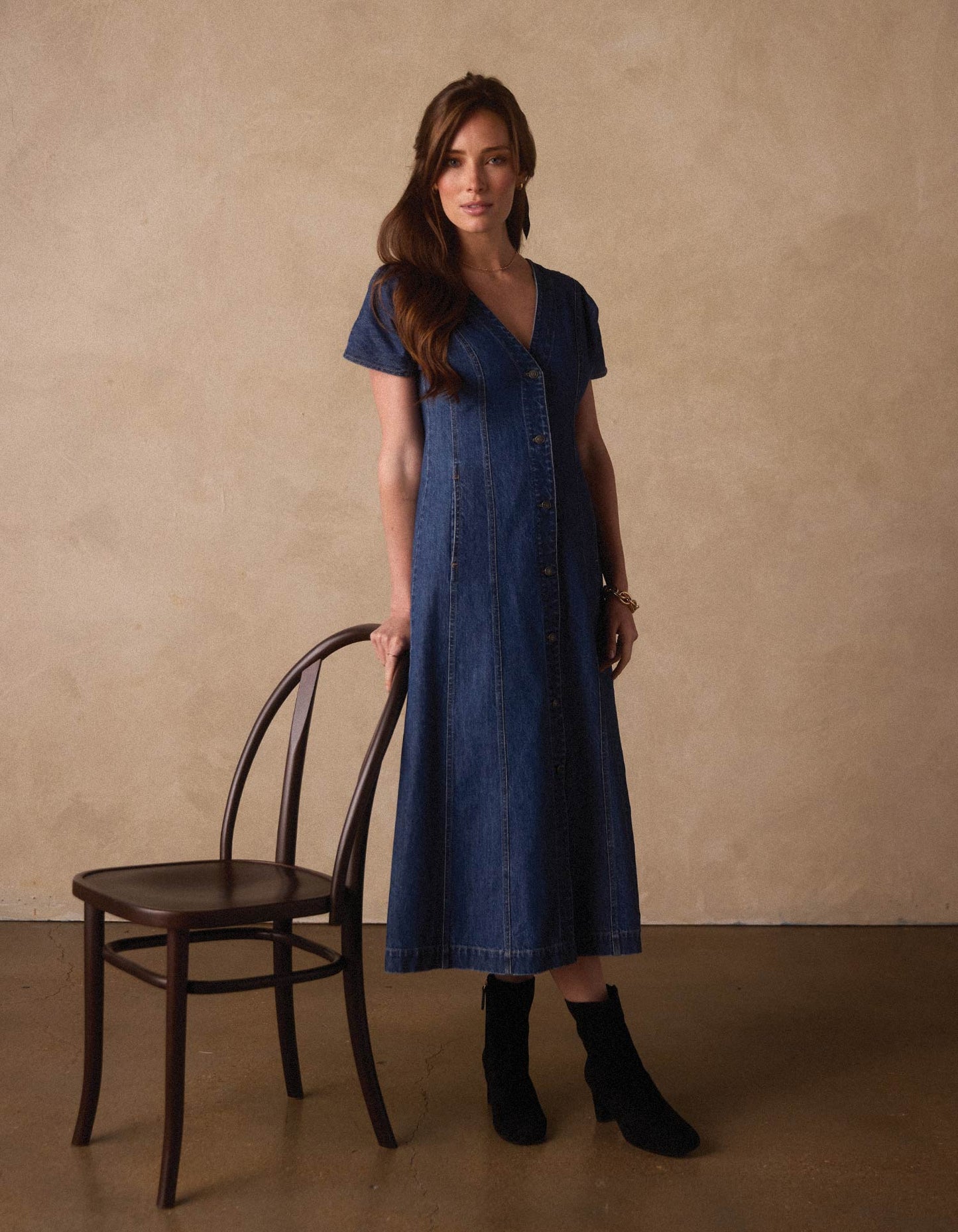 Denim Seamed Midi Dress in Medium Wash