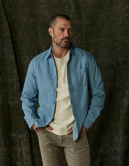 Cotton Denim Long Sleeve Button Up in Light Wash