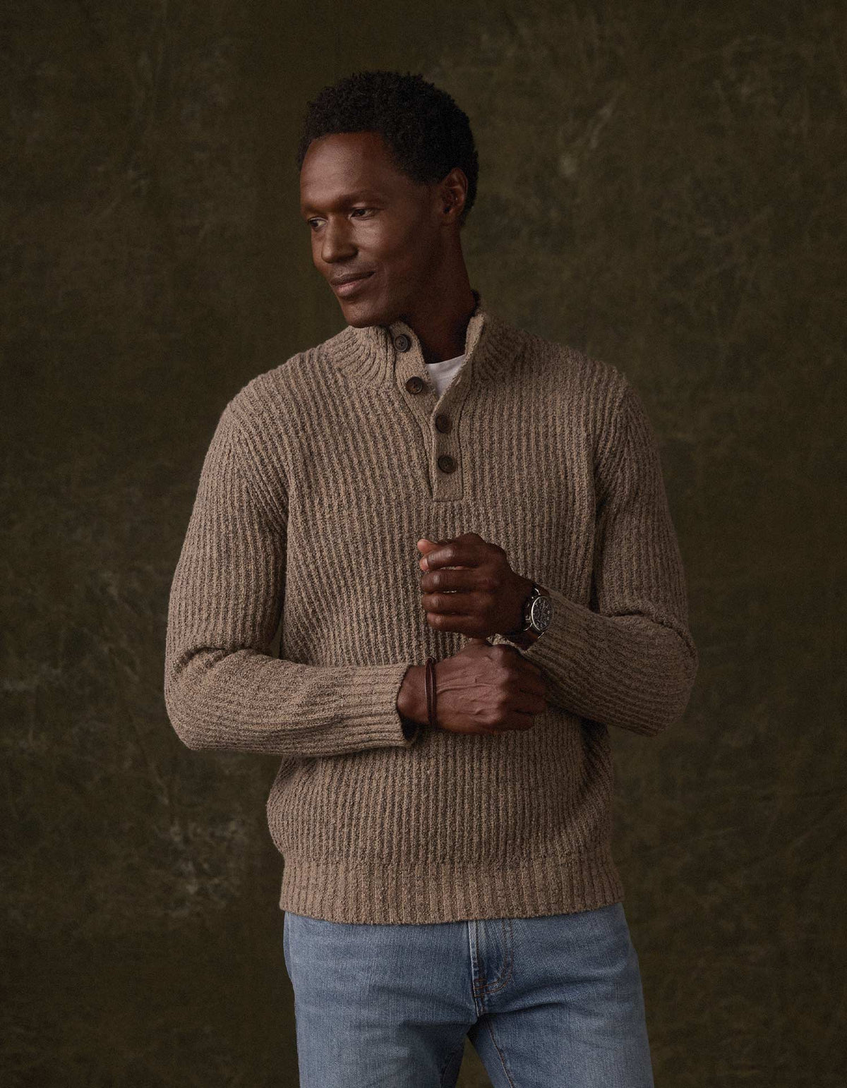 Boucle Popover Sweater in Taupe - model front