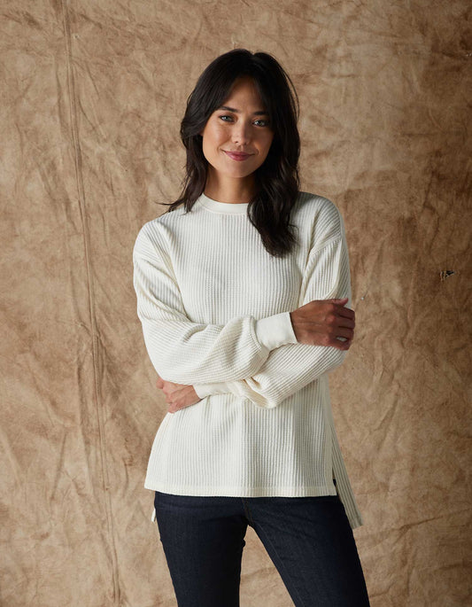 Honeycomb Waffle Split Side Pullover in Ivory