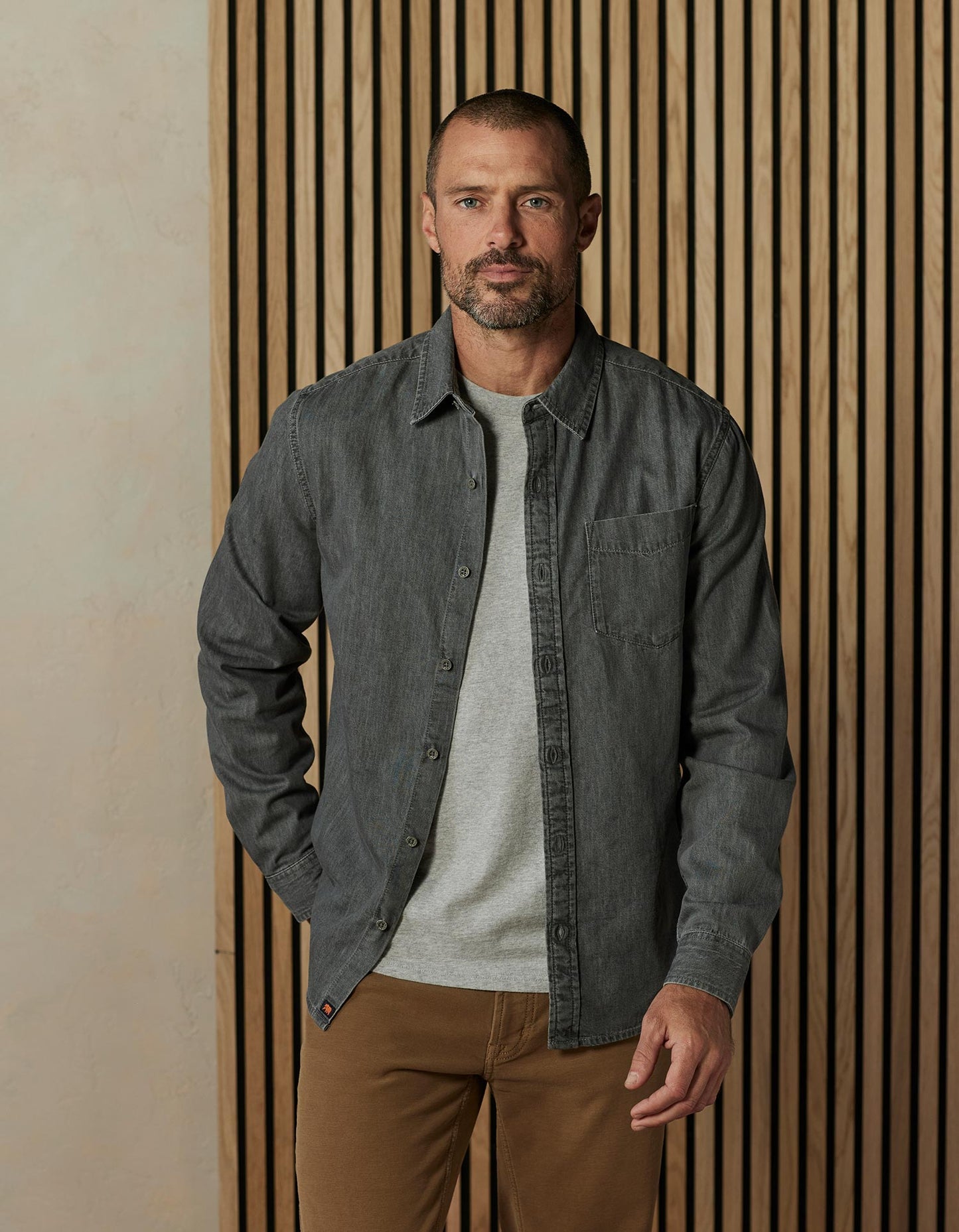 Cotton Denim Long Sleeve Button Up in Grey Wash