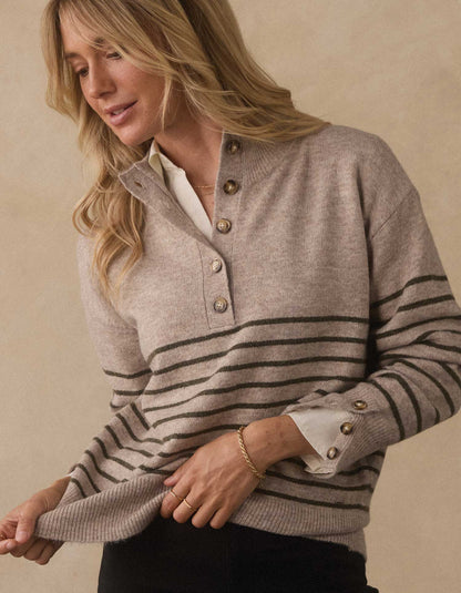 Marianna Button Popover Sweater in Oat/Olive Stripe