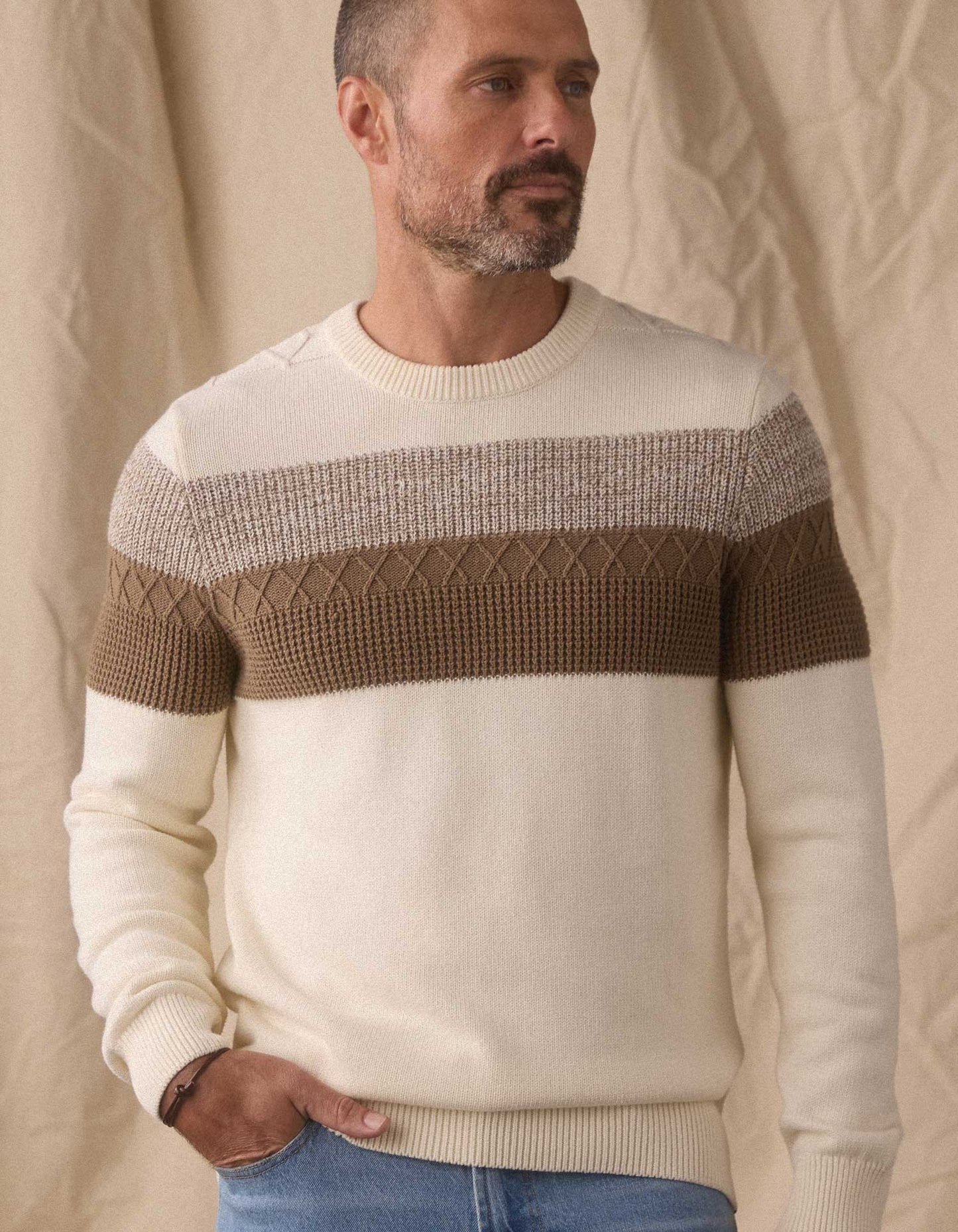 Tom Stripe Crew in Cream/Jute