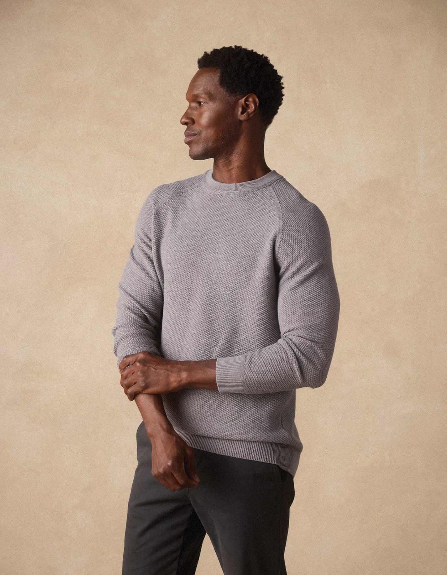 COOLMAX® Textured Crewneck Sweater in Greystone
