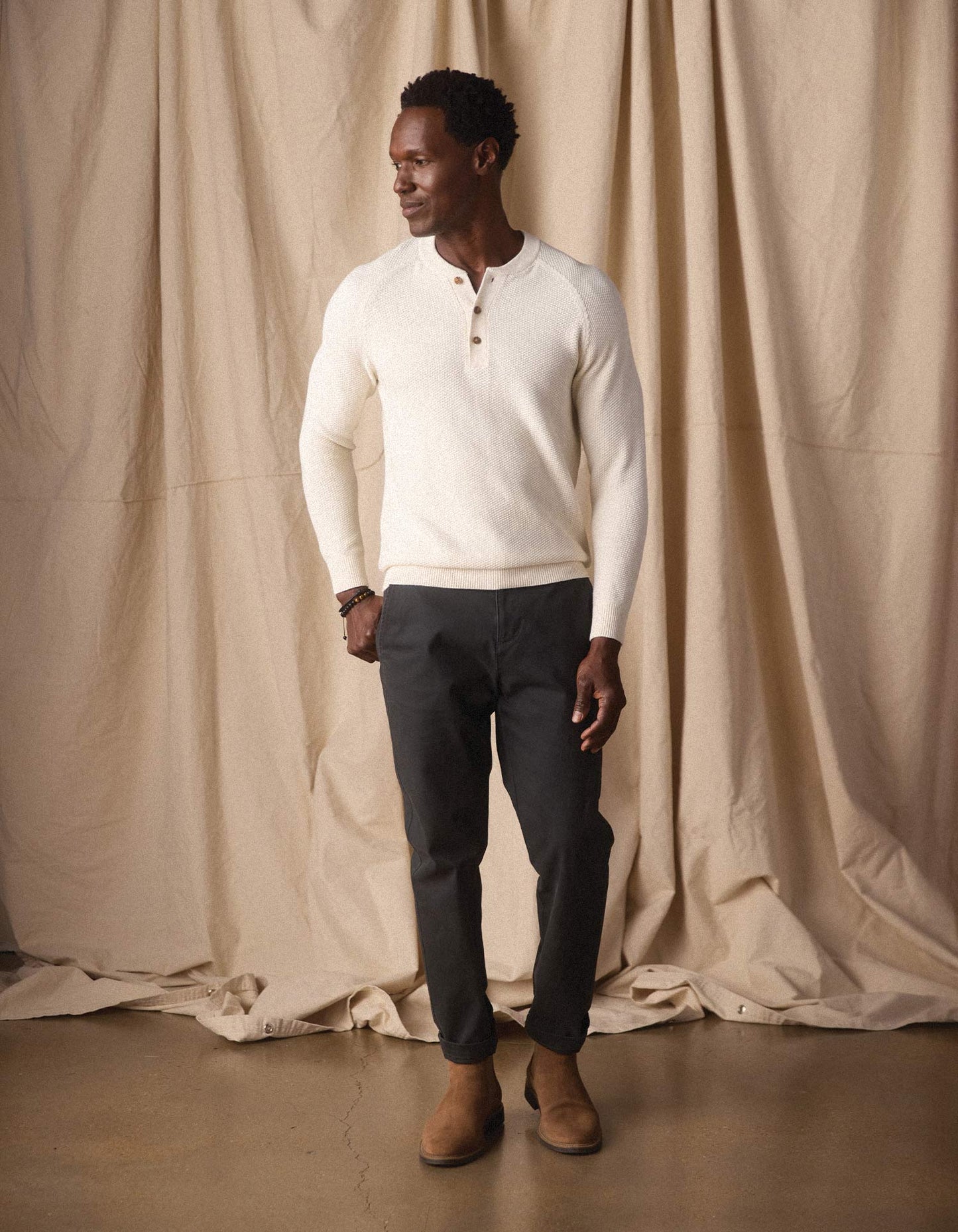 COOLMAX® Textured Sweater Henley in Ivory