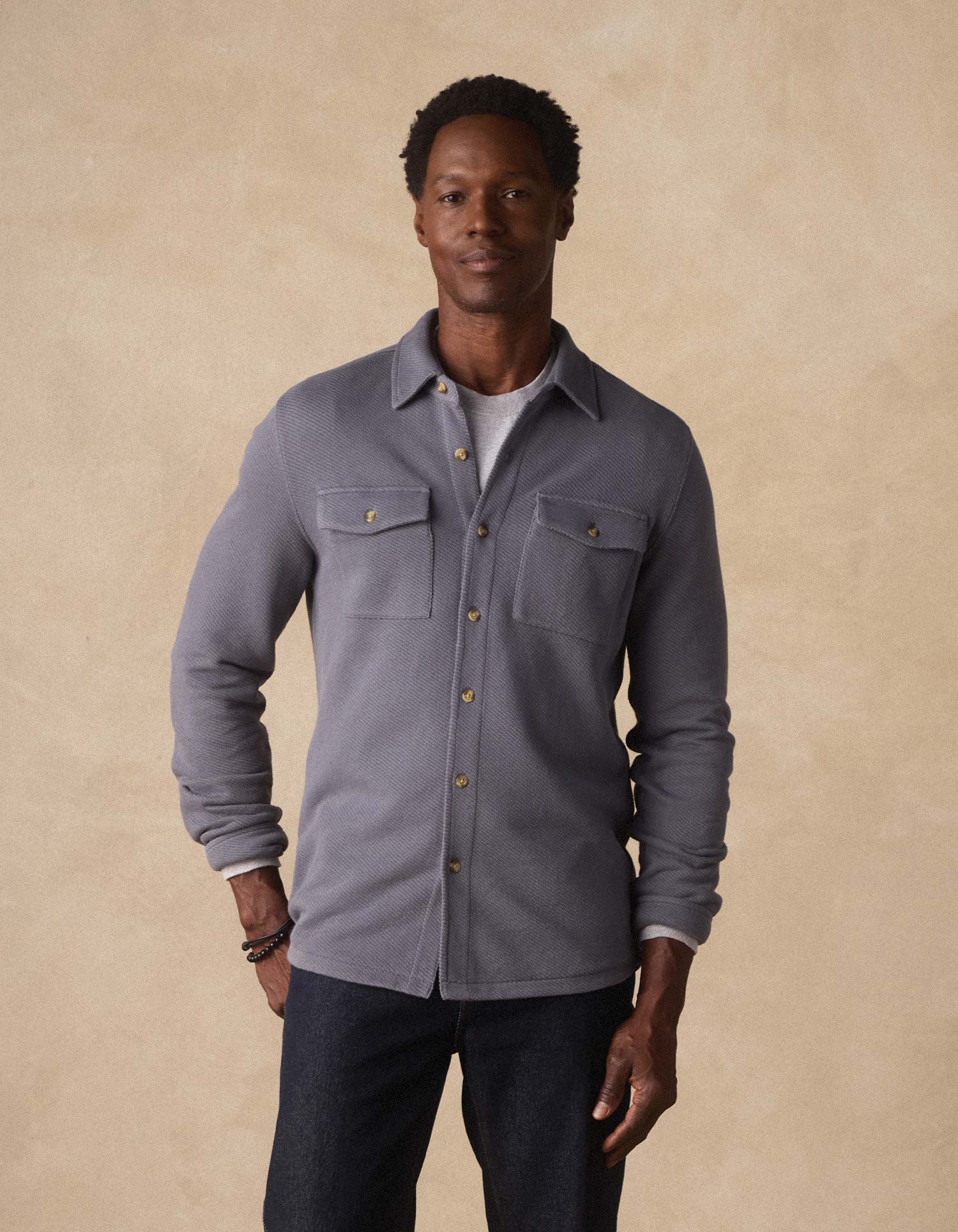 Looped Terry Button Up in Harbor Blue