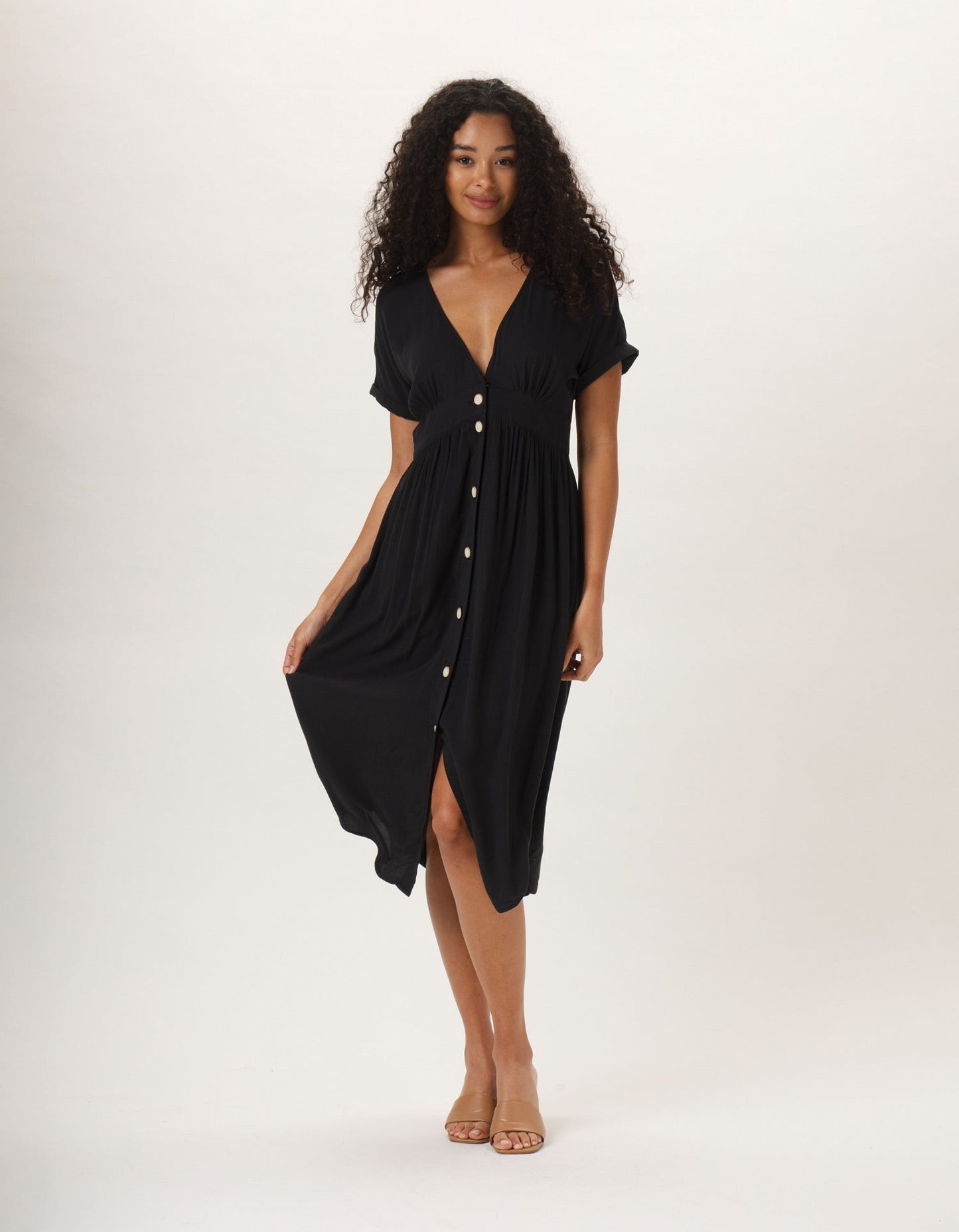 Deep V Button Thru Dress in Black