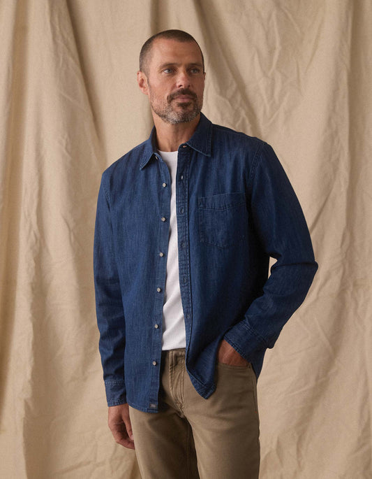 Cotton Denim Long Sleeve Button Up in Dark Wash