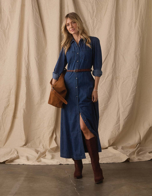 Cotton Denim Shirt Dress in Dark Wash