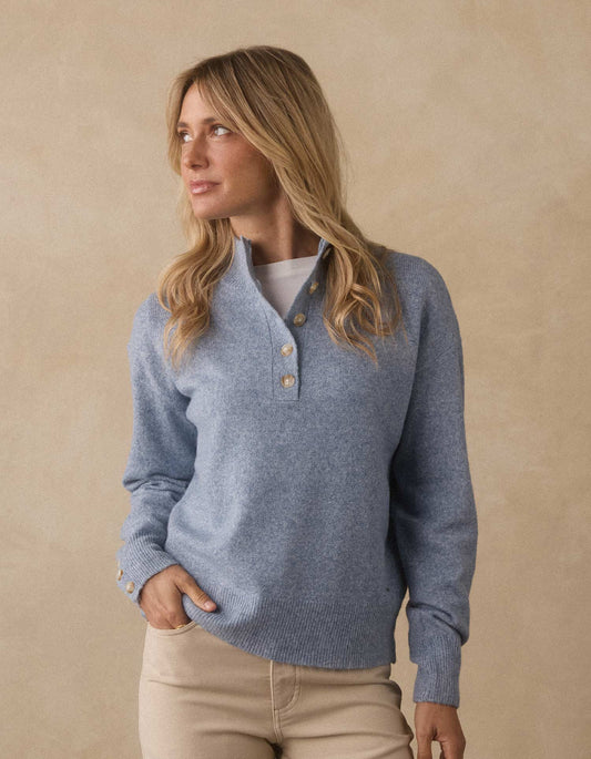 Marianna Button Popover Sweater in Vintage Blue