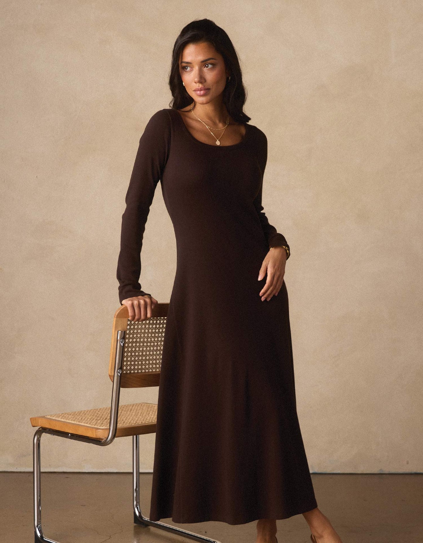 Normal Rib Long Sleeve Dress in Dark Brown