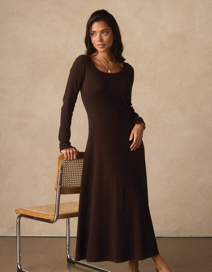 Normal Rib Long Sleeve Dress in Dark Brown