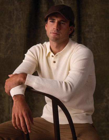 Robles Knit Waffle Stitch Polo in Cream