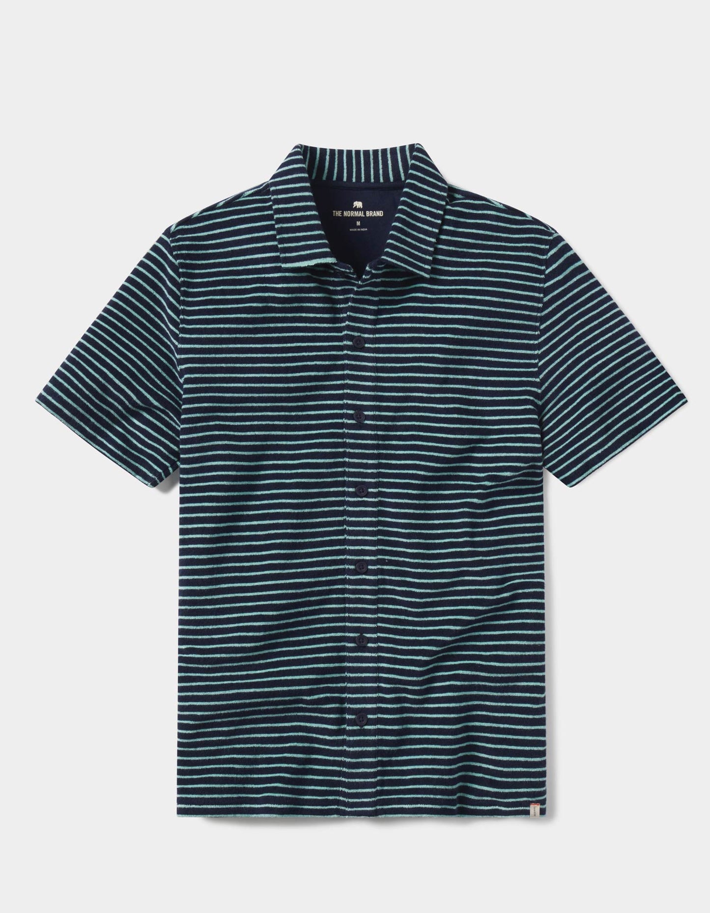 Towel Terry Button Down in Navy/Turquoise Stripe