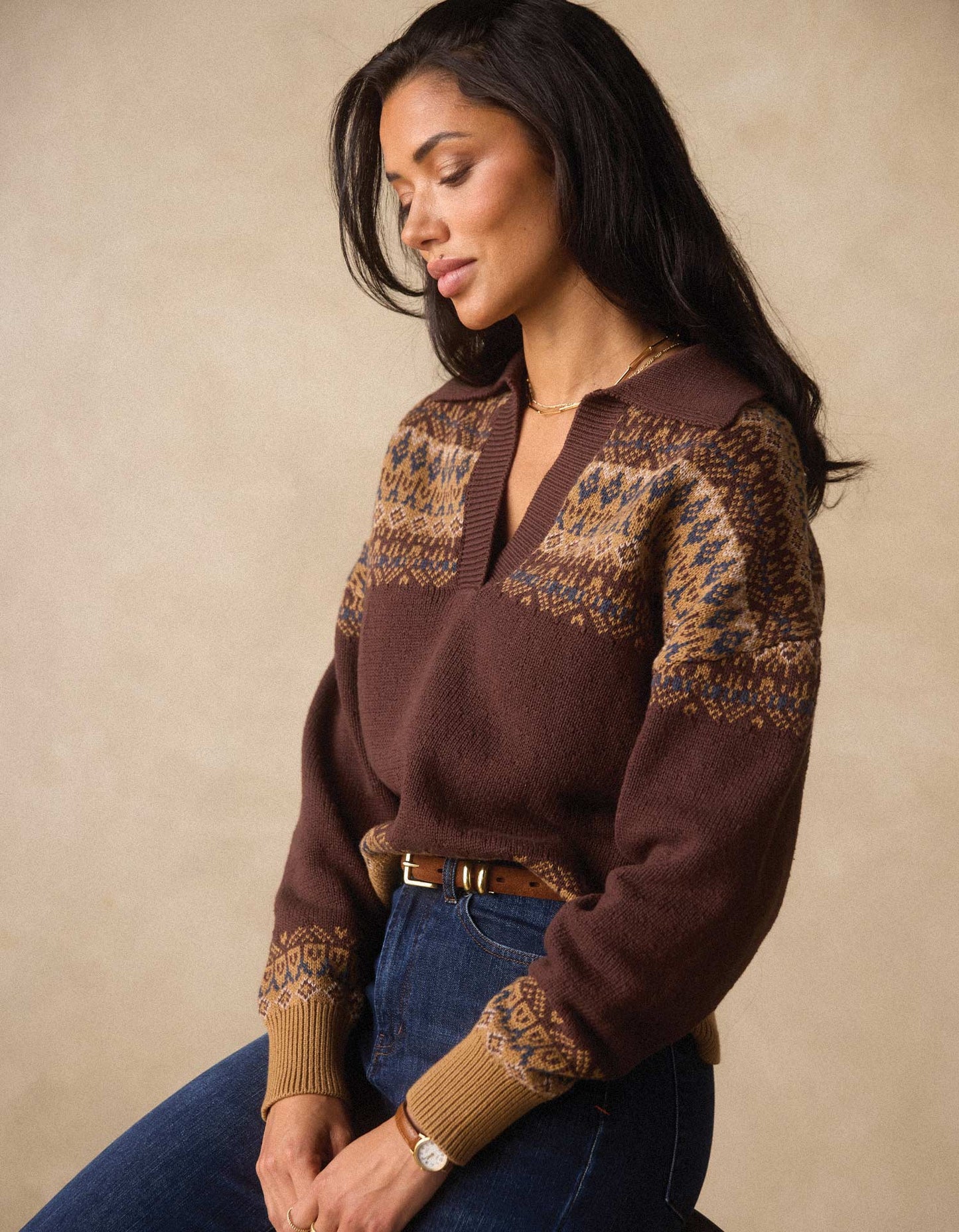 Fair Isle Polo Sweater in Brown Multi