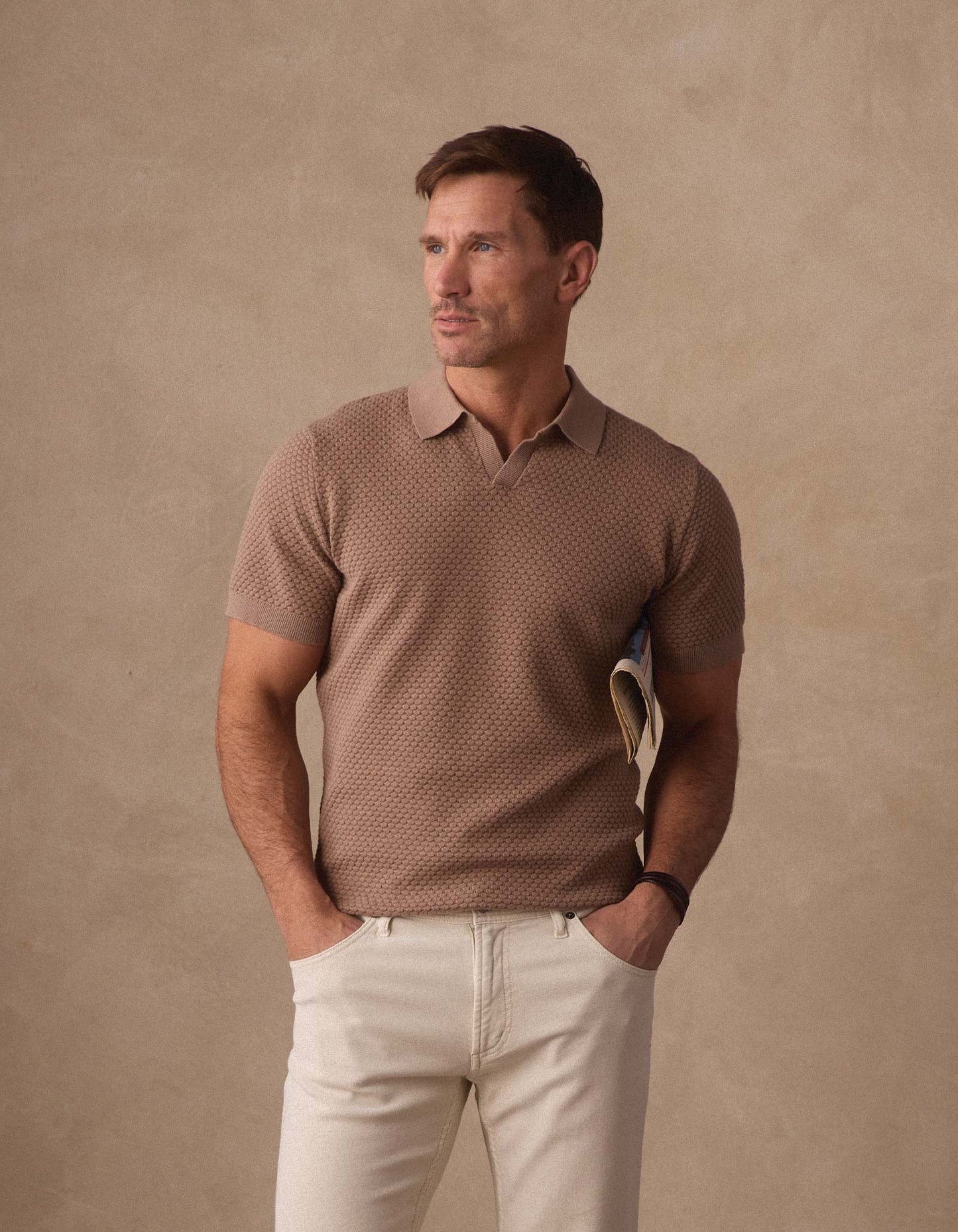 Robles Knit Jacquard Polo in Taupe