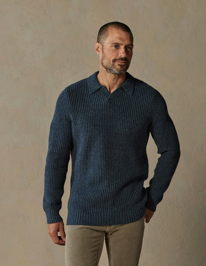 Marled Polo Sweater in Steel Blue